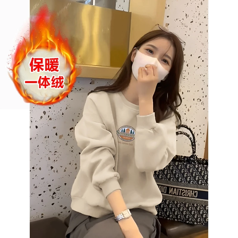 青岛即墨卫衣2025新款爆款秋冬季韩版宽松加绒加厚圆领女上衣外套