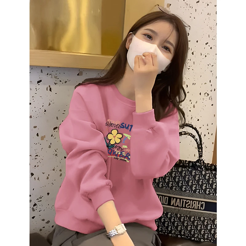 粉红色春秋女款卫衣女2025新款爆款韩版花朵印花减龄圆领上衣服