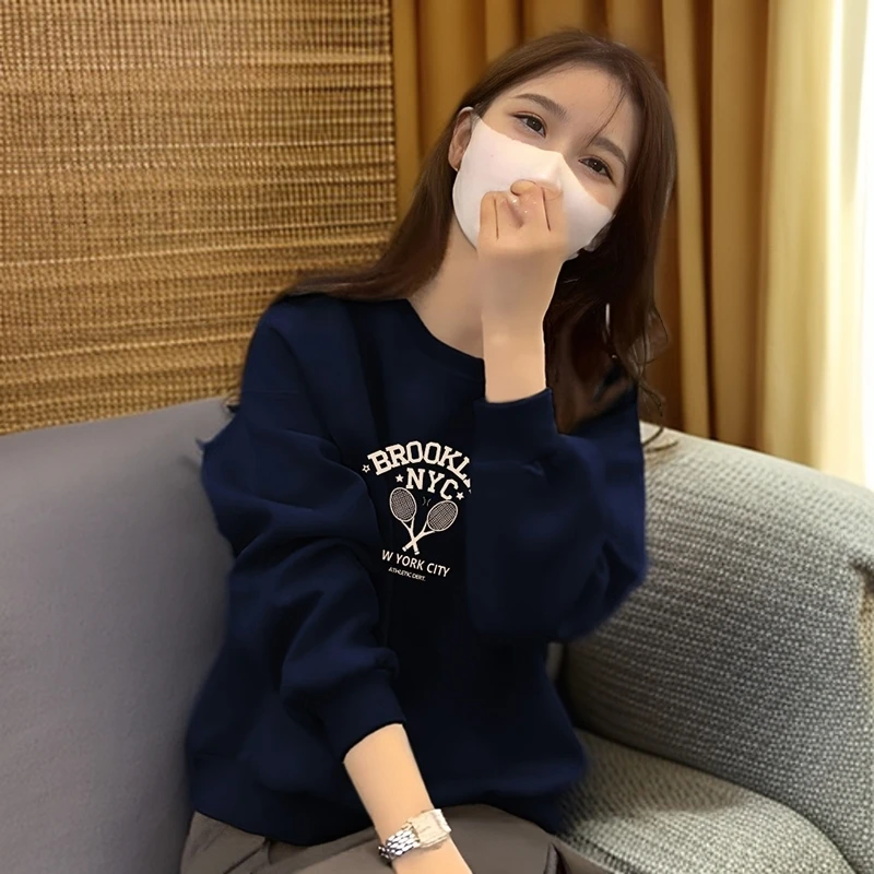 藏蓝色打底衫加绒卫衣女2024新款爆款秋冬季时尚百搭圆领长袖上衣