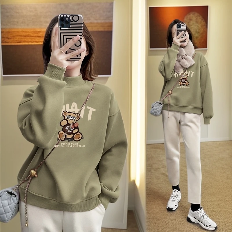 半高领打底衫保暖卫衣女2024新款爆款韩版小熊秋冬季加绒加厚上衣