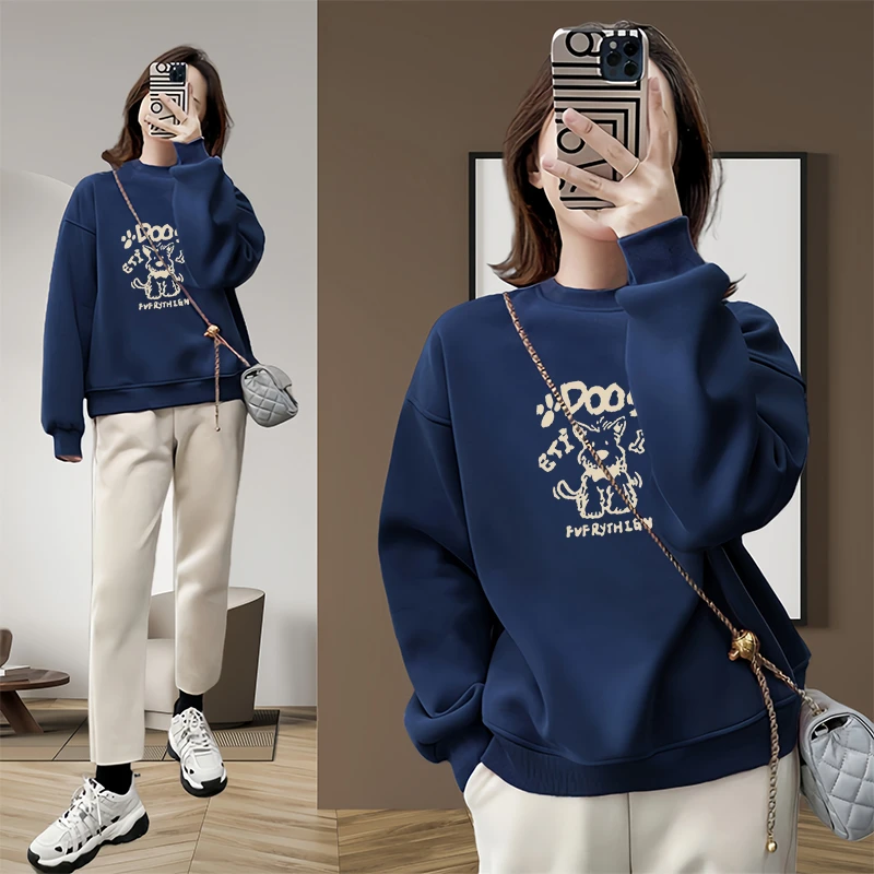 圆领打底衫保暖卫衣女秋冬2024新款即墨美式时尚休闲宽松加绒上衣