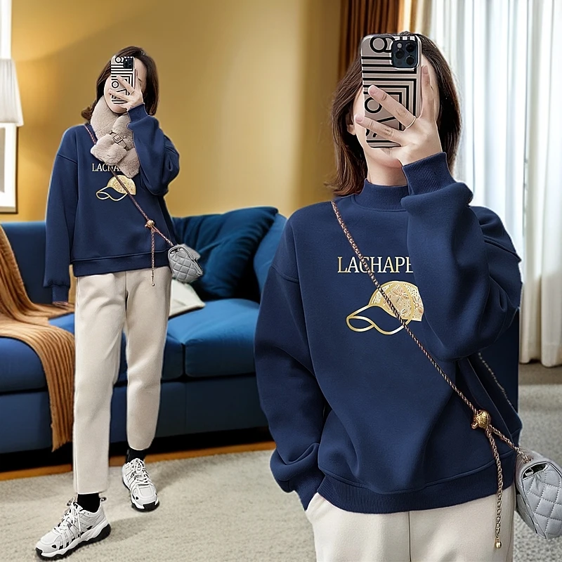 即墨保暖卫衣女2024新款爆款秋冬季加绒加厚半高领打底衫上衣外套