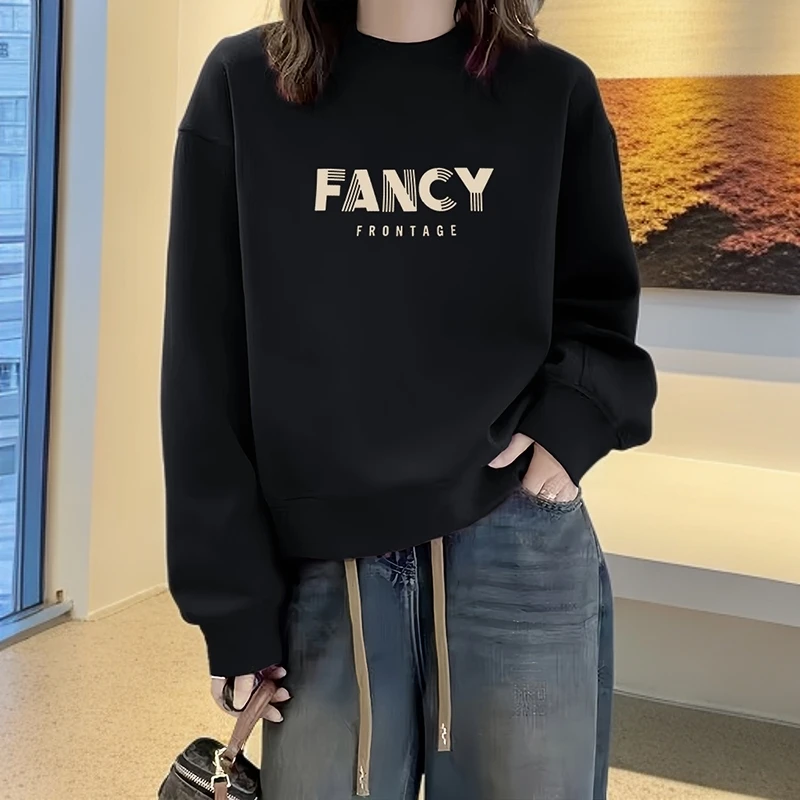 黑色打底衫保暖卫衣女2025新款秋冬季加绒时尚宽松休闲服圆领上衣