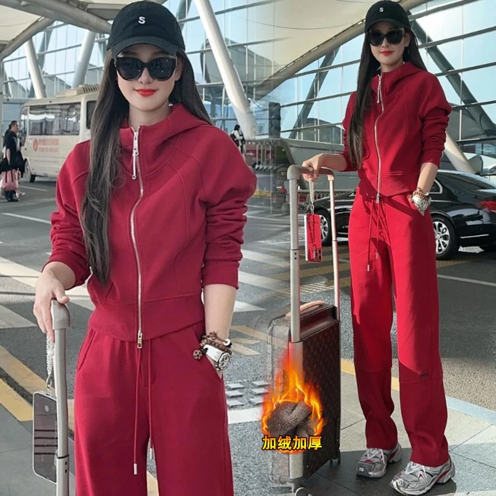 加绒加厚休闲运动套装女2024秋冬新款时尚短开衫显瘦阔腿裤两件套