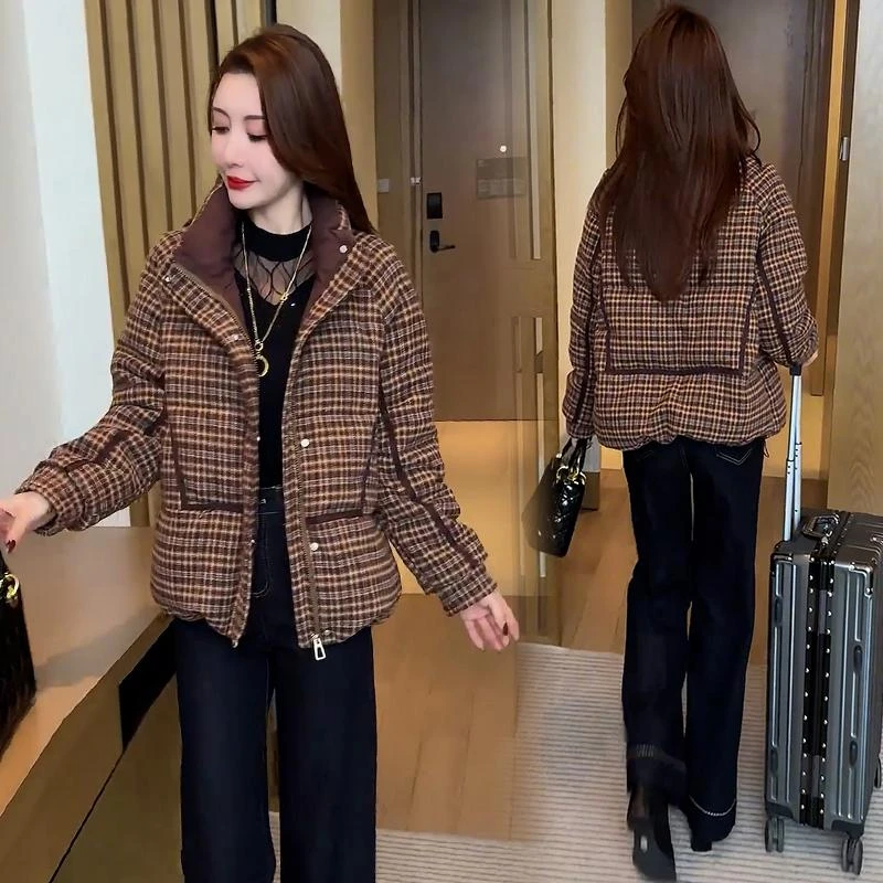 时尚短款格子棉衣棉服女2024冬季新款洋气显瘦加厚保暖棉衣外套潮