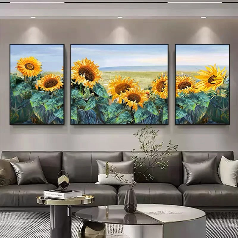 油画小哥向日葵简约现代客厅装饰画轻奢美式沙发背景挂画横版壁画