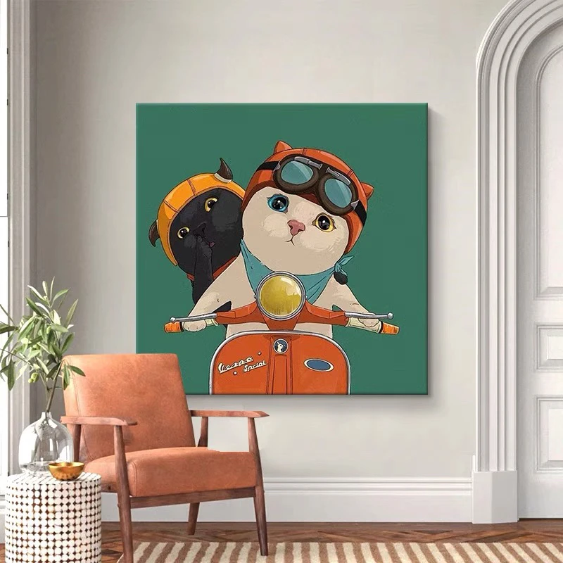 油画小哥侘寂风猫咪客厅装饰画卡通动物纯手绘油画小众艺术挂画