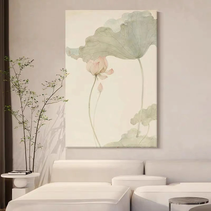 油画小哥新中式纯手绘油画荷花玄关装饰画客厅侘寂风荷叶肌理挂画