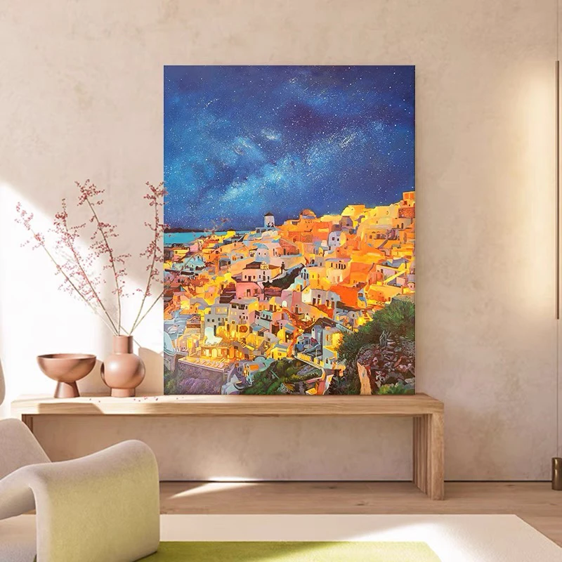 油画小哥夜色风景手绘油画客厅玄关装饰画抽象灯火阑珊样板间挂画