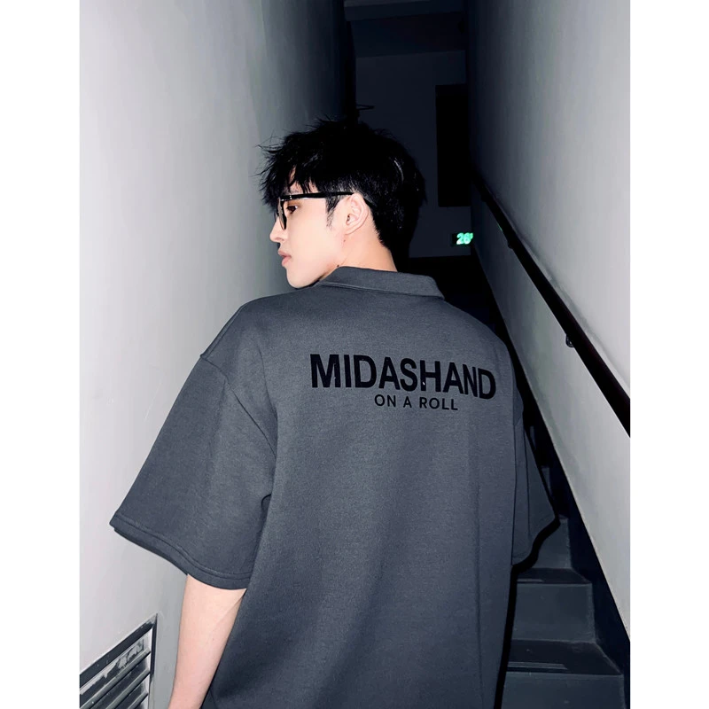 MIDASHAND330g重磅字母植绒印花POLO衫男女夏季短袖T恤美式男生