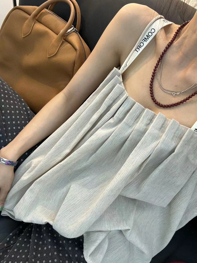 李豆儿 小众设计 法式褶皱棉麻 吊带上衣