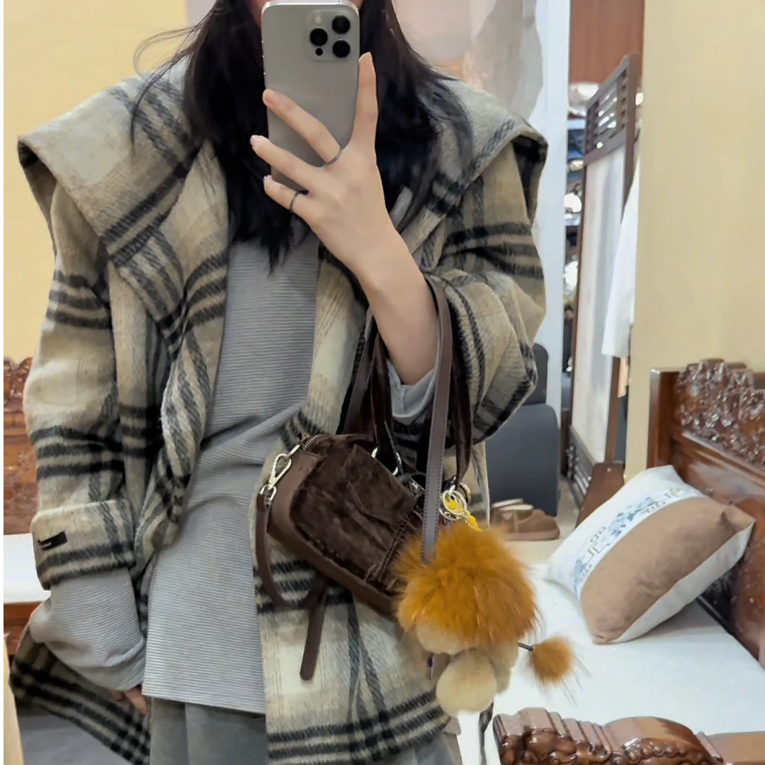 李豆儿 小众设计 海军领 腰带格纹 双面羊绒外套