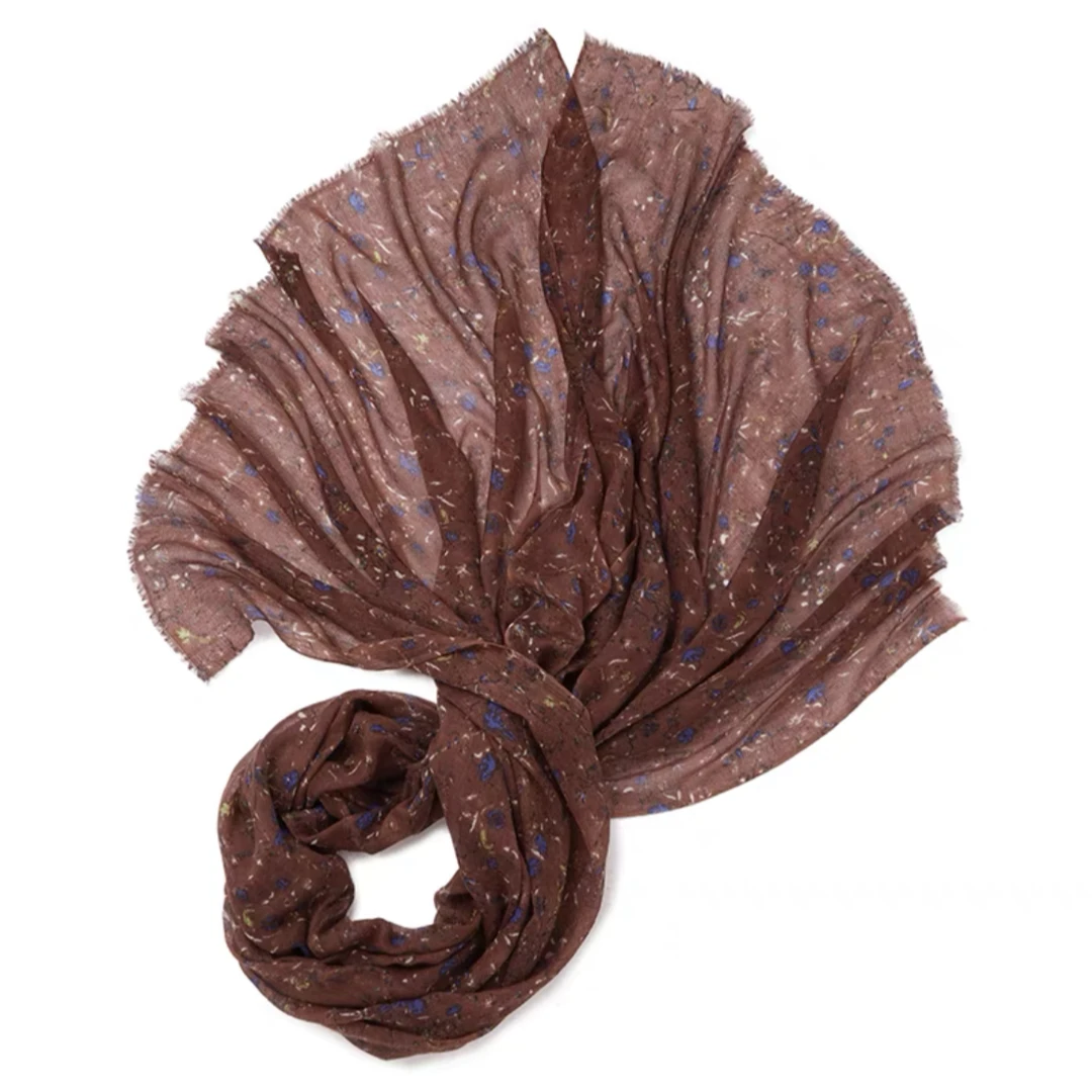 美人兮 棕茶印花高捻戒指绒羊绒围巾 超轻薄披肩