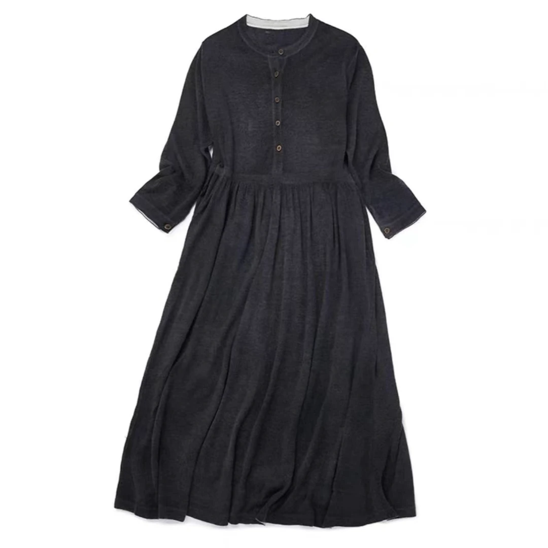 迷雾印黑羊绒系扣长袖A版连衣裙腰线/显瘦