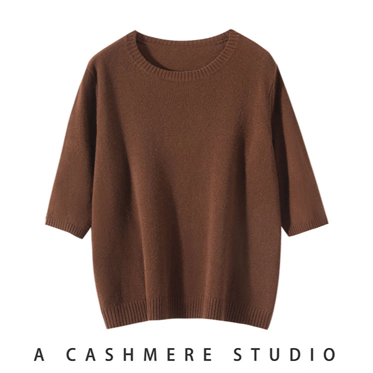 素·净简约圆领五分袖羊绒针织套头衫正肩/显瘦