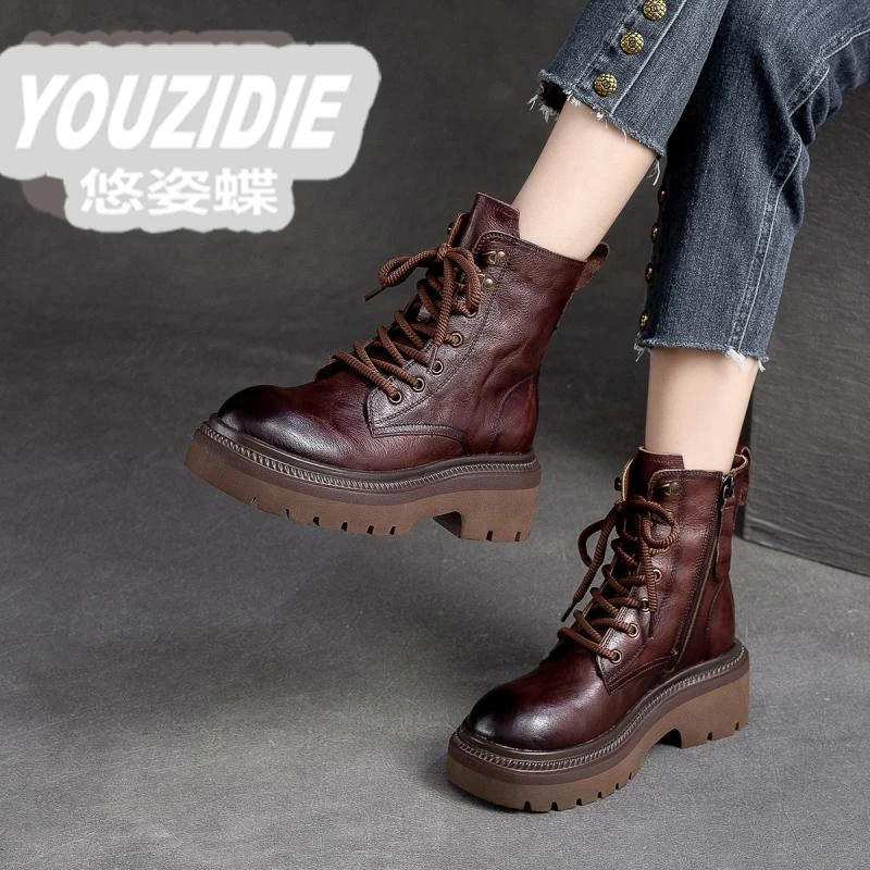 加绒复古中筒靴子秋季时尚百搭真皮秋冬圆头系带平底增高厚底短款