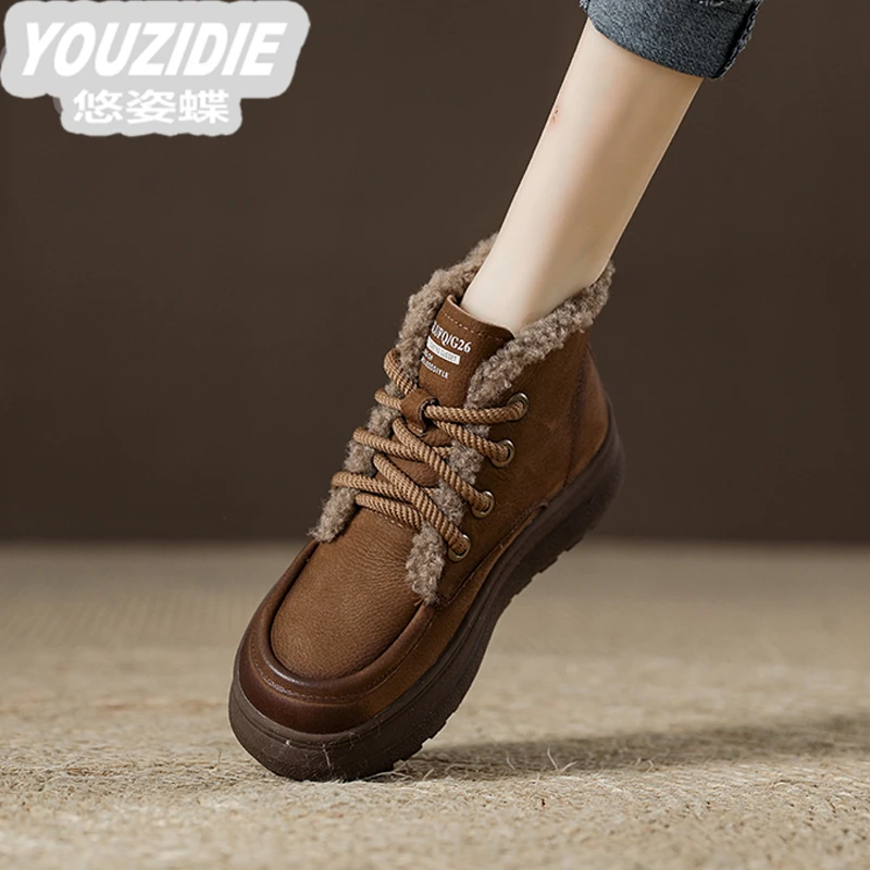 百搭时尚厚底牛皮YOUZIDIE皮面民族风棕色雪地靴女短款冬季棉鞋女