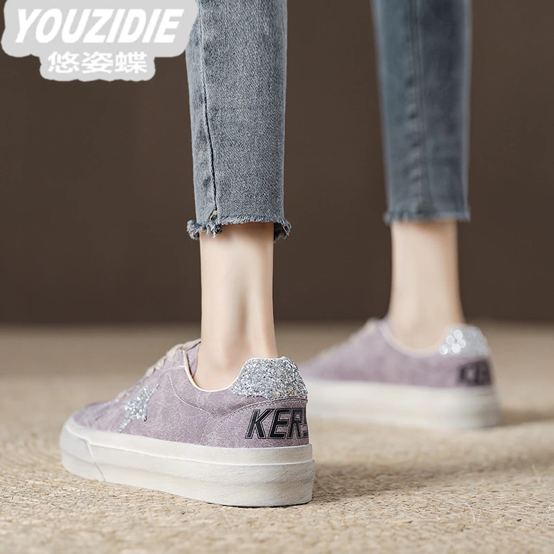 YOUZIDIE百搭紫色星星板鞋女真皮复古做旧小脏鞋2025小众新款运动