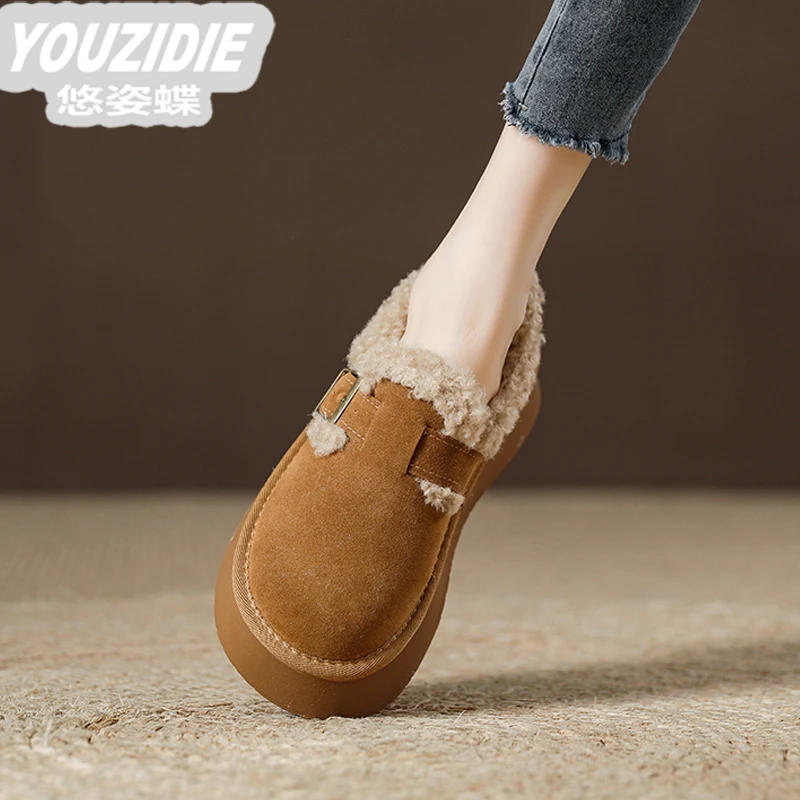 YOUZIDIE一脚蹬小香风毛毛鞋厚底软底棉鞋女2025新皮面低帮雪地靴