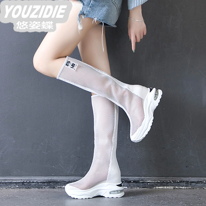 YOUZIDIE欧美春秋春夏女网纱时尚白色靴夏季松糕网面高跟凉靴百搭