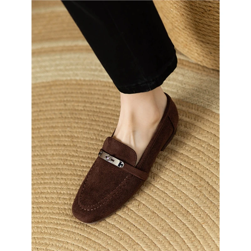 复古春秋新款锁扣绒面平底乐福鞋女圆头深口低跟单鞋女英伦小皮鞋