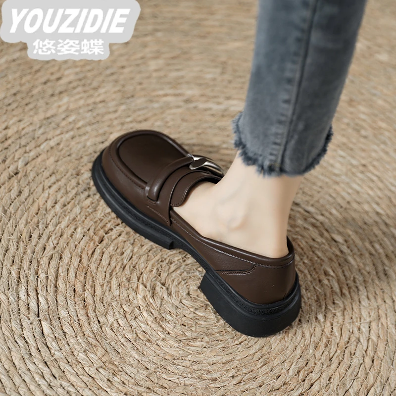 YOUZIDIE厚底增高乐福鞋女鞋2025年新款软底真皮金属扣小皮鞋