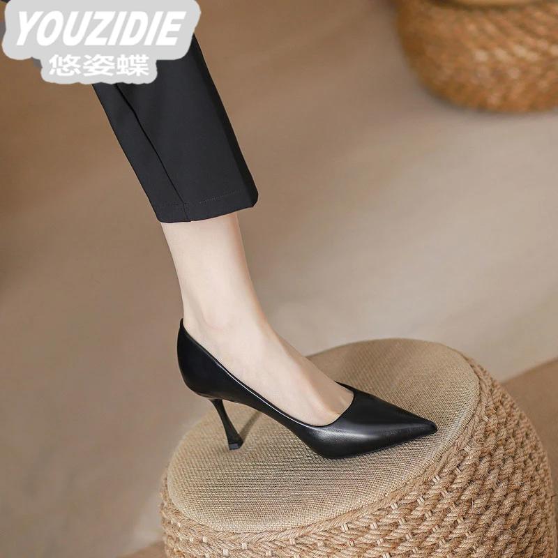 .2025新款黑色高跟鞋女细跟年夏季新款软皮尖头百搭气质5厘米