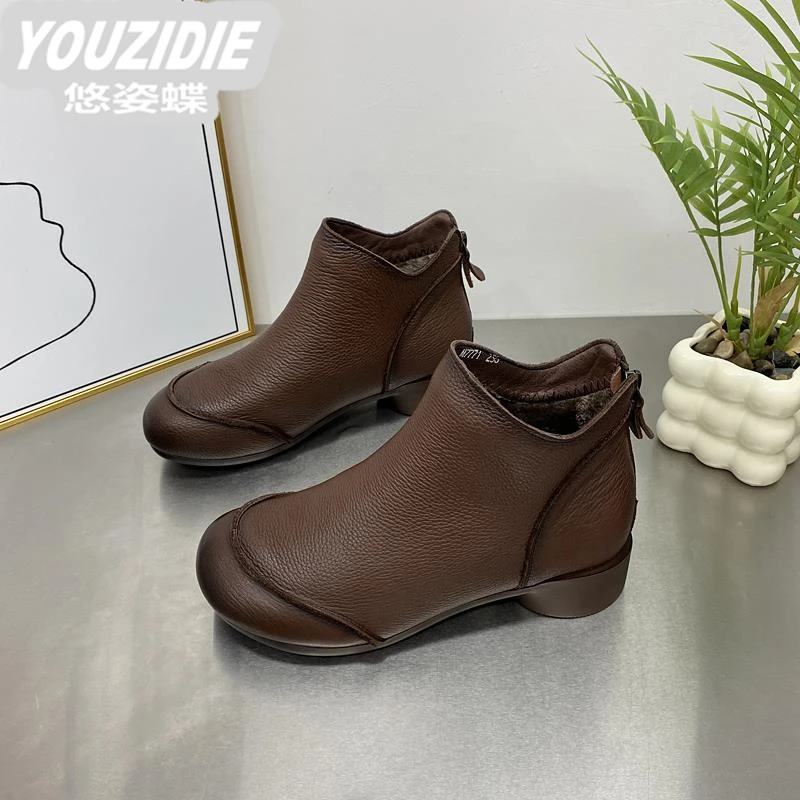 复古粗跟手工真皮后拉链短靴女裸靴2025百搭款头层冬季加绒马丁靴