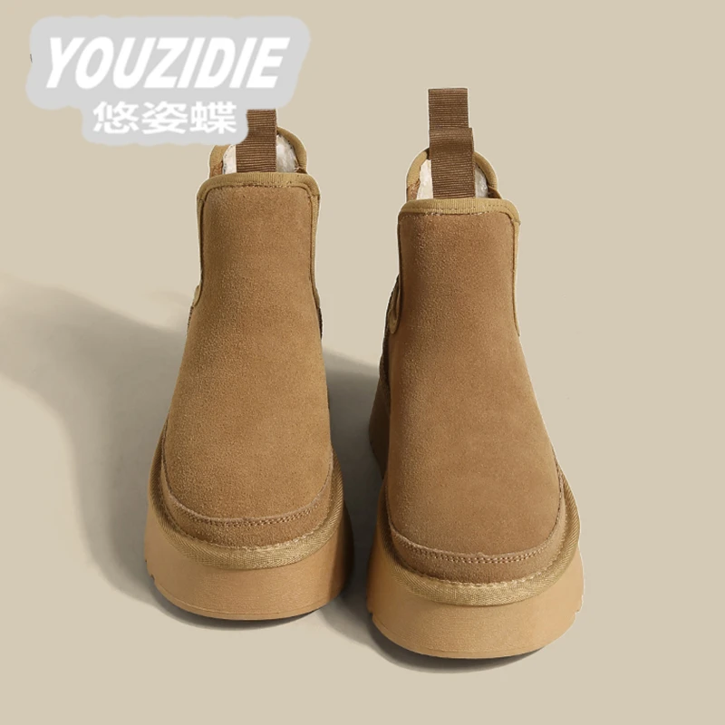 YOUZIDIE真皮雪地靴女2025平底新款厚底加厚防滑棉靴磨砂皮时尚靴
