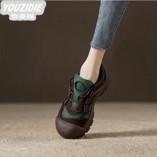 丑萌青绿百搭复古运动鞋2025新款老爹鞋女鞋厚底真皮复古老爹鞋