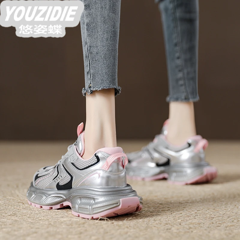 YOUZIDIE欧洲站炸街银色老爹鞋女厚底透气运动鞋2025百搭新款松糕
