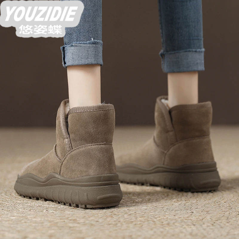 YOUZIDIE皮毛一体雪地靴女冬加绒加厚保暖棉鞋2025新款牛皮马丁靴