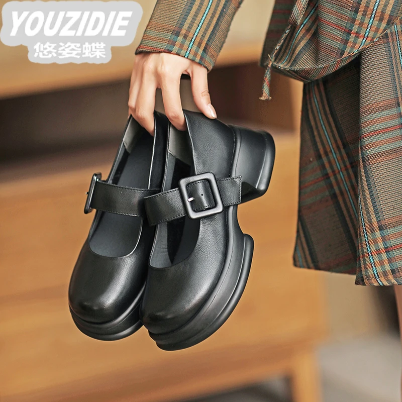 YOUZIDIE春秋新款厚底百搭玛丽珍女鞋黑色圆头小皮鞋棕色浅口中跟