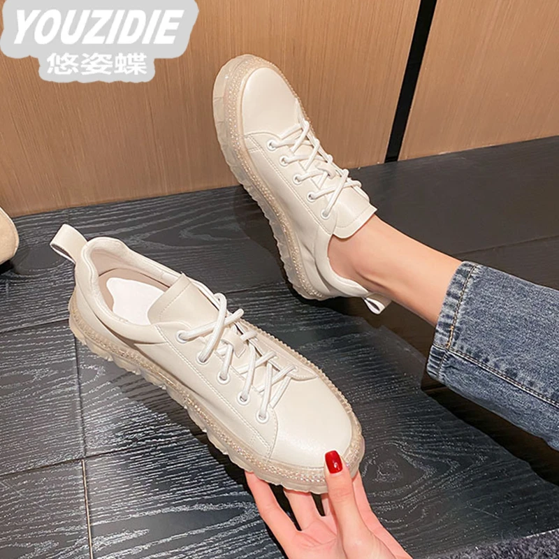 YOUZIDIE 简约不简单~水钻小白鞋新款透明底鞋白色休闲百搭板鞋女