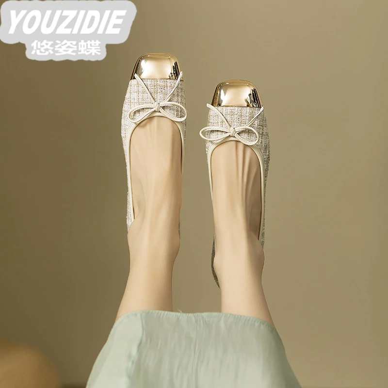 女主家小香风浅口单鞋女2024秋季新款蝴蝶结芭蕾舞平底鞋软底瓢鞋