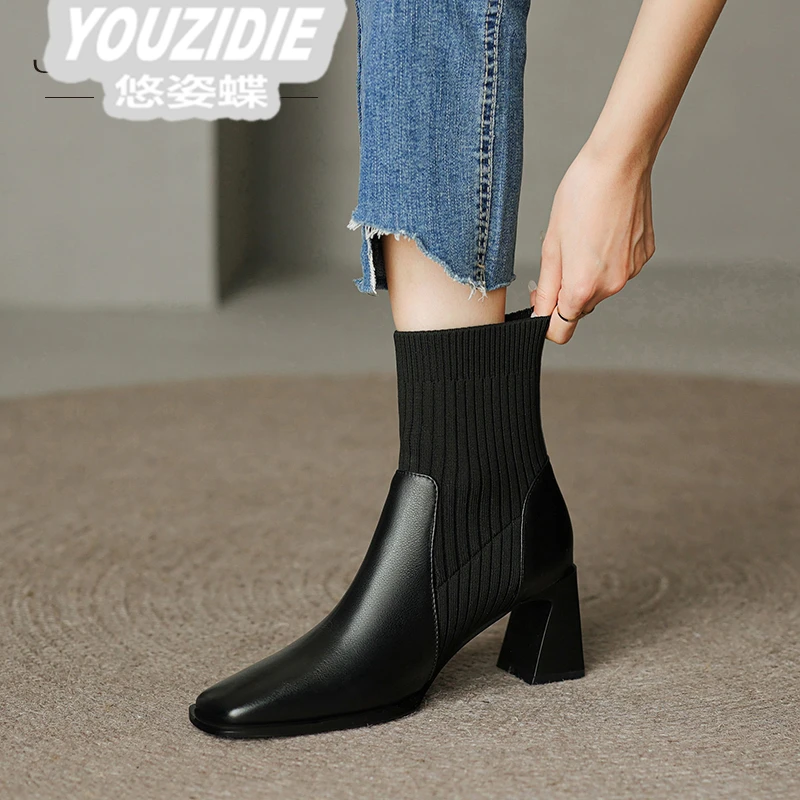 YOUZIDIE学院风马丁靴女针织靴弹力袜靴女2025时尚百搭切尔西短靴