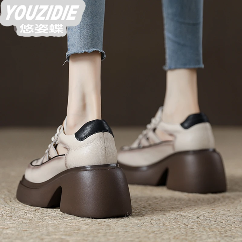 .2025新款罗马包头粗跟夏季凉鞋女真皮新款女鞋镂空洞洞鞋厚底