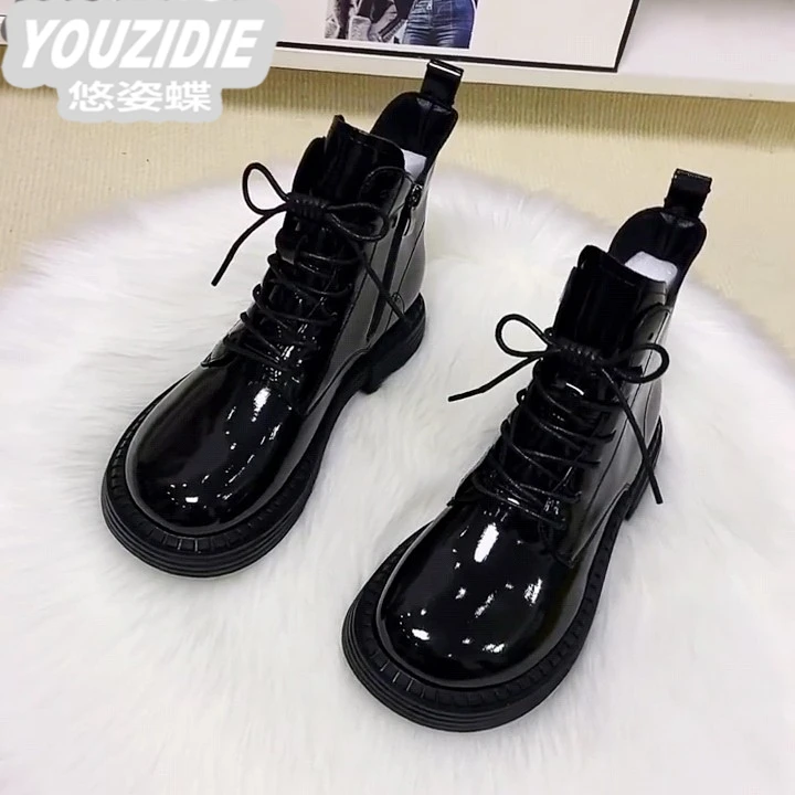YOUZIDIE平底马丁靴女2025年秋时尚新款漆皮芒果头短靴冬黑色棉靴