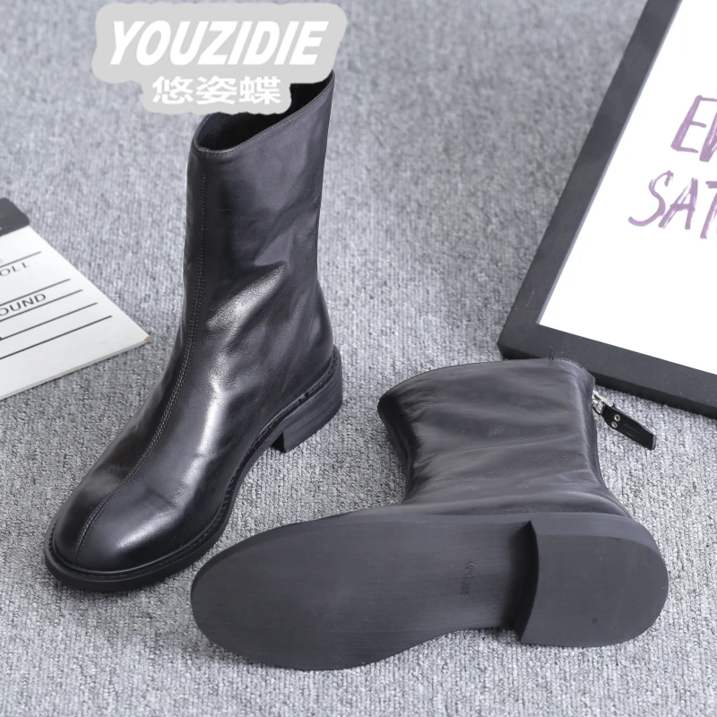 YOUZIDIE真皮马丁靴女2025时尚新款网红后拉链短靴百搭平底中筒靴