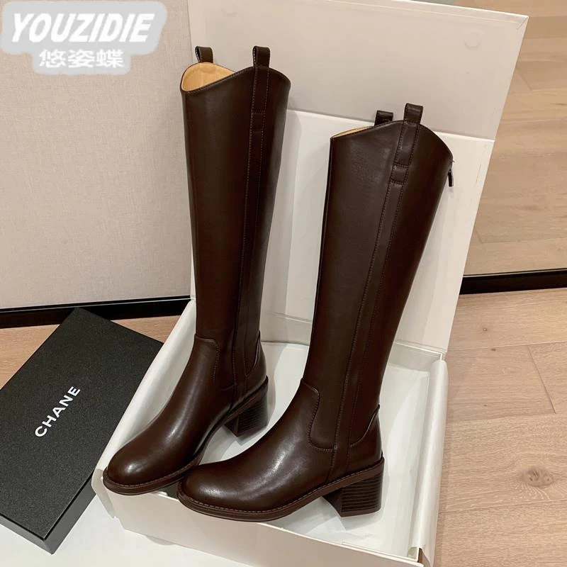 全厚底不过膝长靴女冬高筒粗跟靴加绒时尚百搭秋冬圆头靴高跟马靴