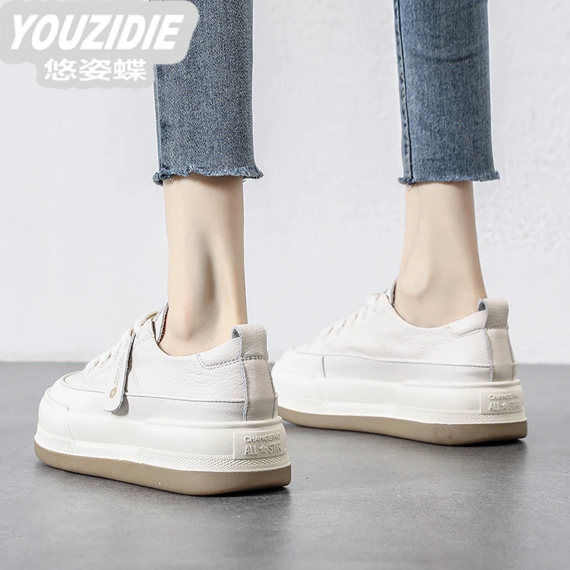 YOUZIDIE头层牛皮小白鞋女2025夏季新款真皮女鞋网红爆款厚底休闲
