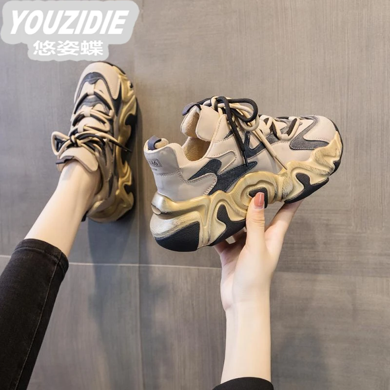YOUZIDIE加绒真皮老爹鞋女鞋2025时尚新款厚底炸街网面百搭鞋增高