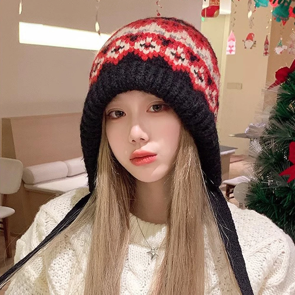 羊毛混纺秋冬护耳帽韩版毛绒球护耳针织帽百搭加厚保暖显脸小加绒