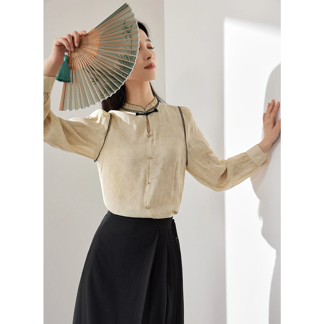 【 达人专属 】SP520温柔压褶荷叶边花边立领印花衬衫