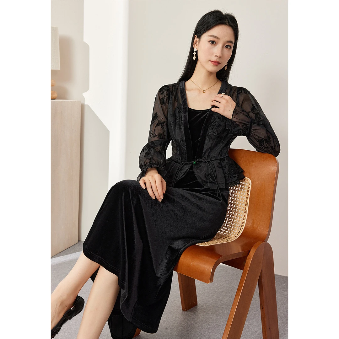 【 达人专属 】DP809植绒印花欧根纱开衫丝绒吊带裙套装