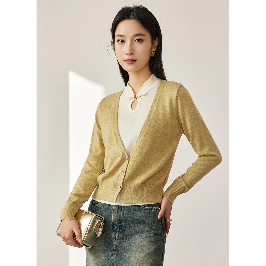 【 达人专属 】SP693新中式立领水滴镂空领撞色针织衫