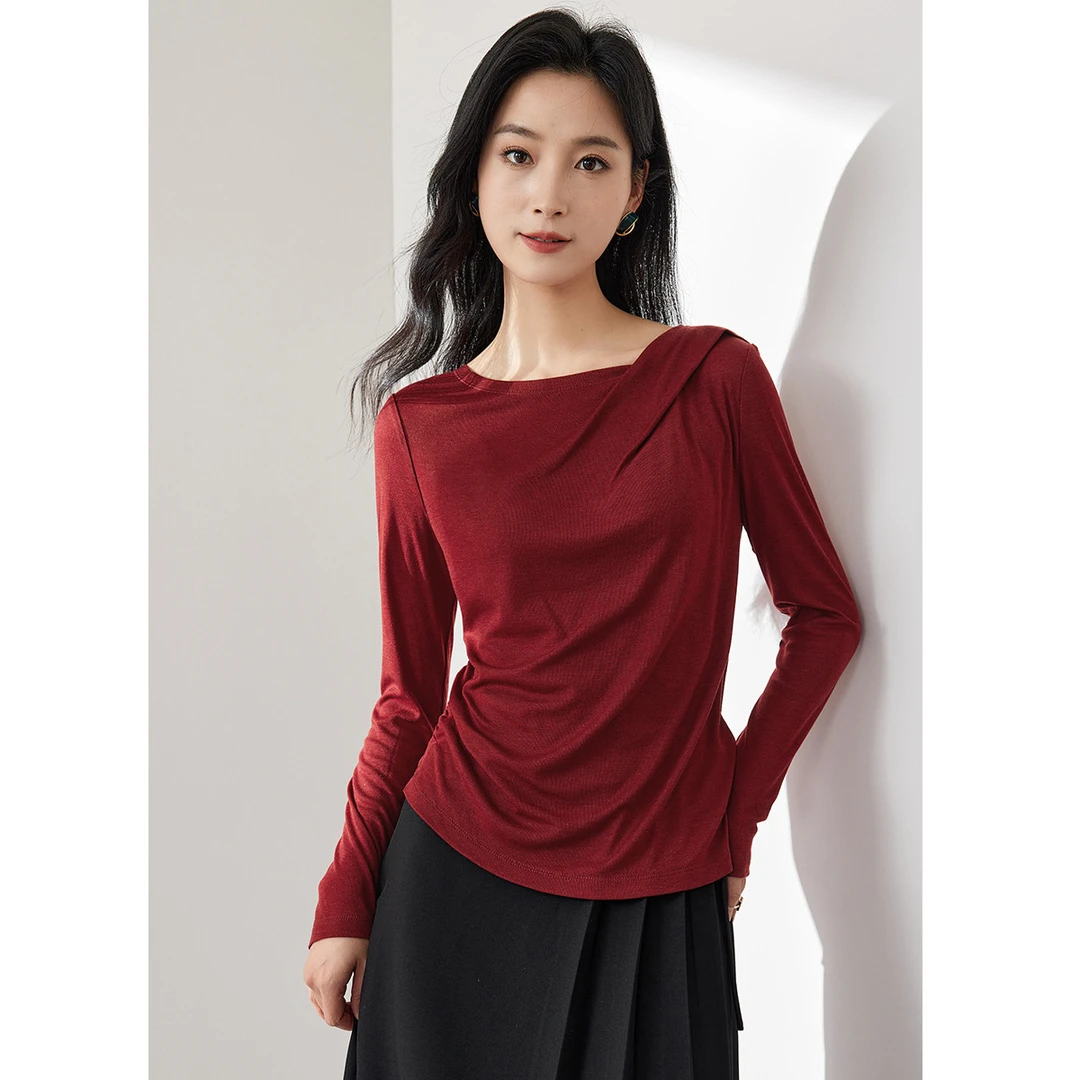 【达人专属】SP510气质时尚左肩倒褶录蚕丝T恤