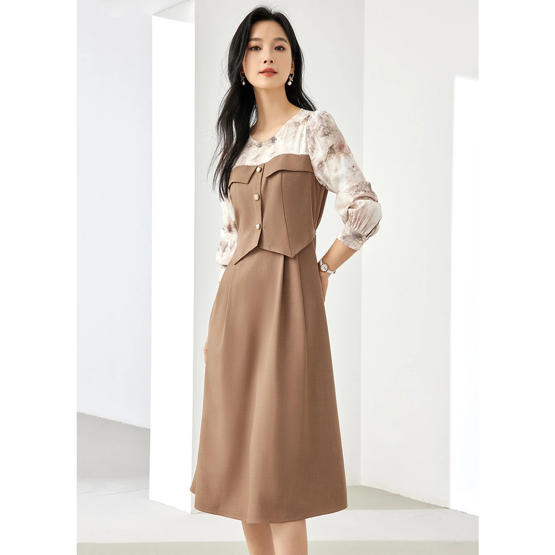 【 达人专属 】DN595撞料印花拼接连衣裙