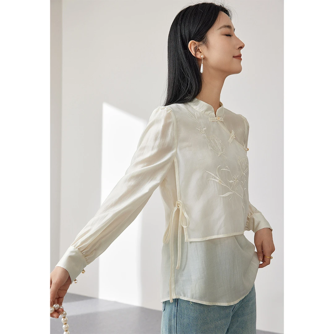 【 程总专属 】SP393新中式假两件绣花软纱拼接衬衫
