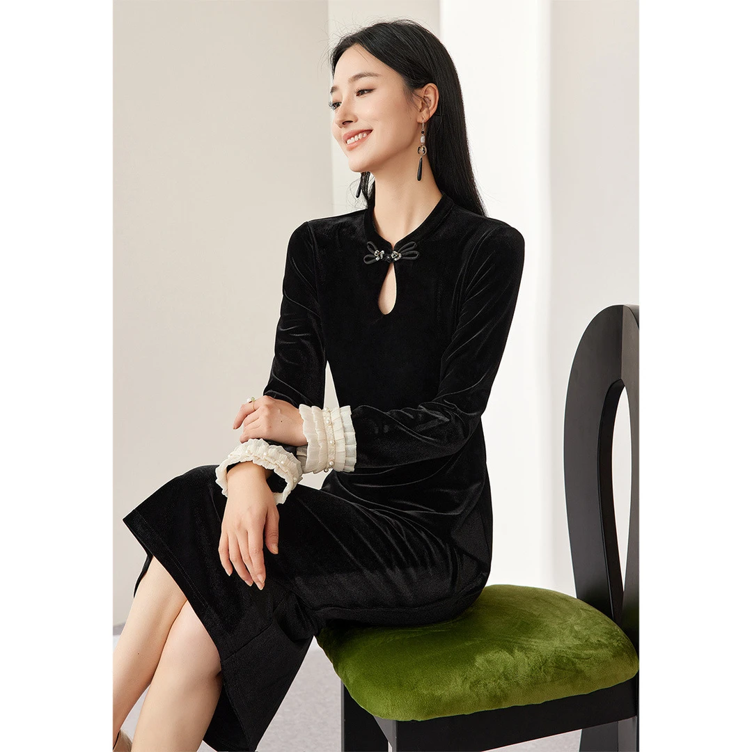 【程总专属】DP703复古温柔中式立领丝绒连衣裙